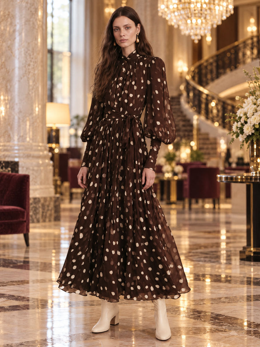 Retro Polka Dot Brown Chiffon Tie-waist Long-sleeved Maxi Dress