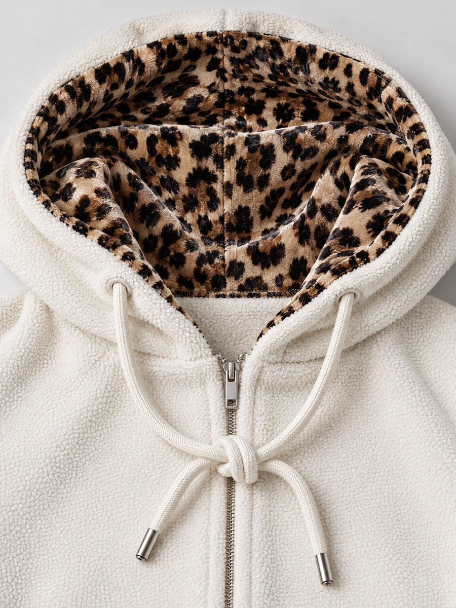 Casual And Stylish Velvet Leopard Print White Fleece Hooded Sweatshirt And Pants Set