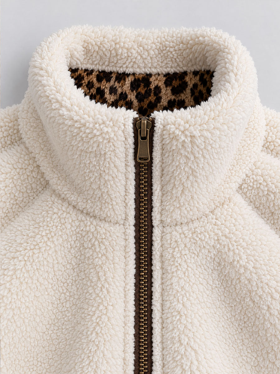 Casual And Stylish Velvet Leopard Print White Fleece Zip-up Mid-length Coat
