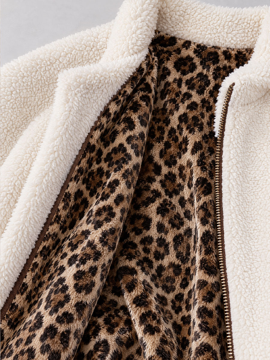 Casual And Stylish Velvet Leopard Print White Fleece Zip-up Mid-length Coat