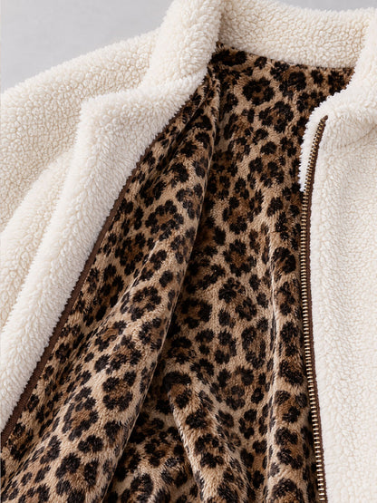 Casual And Stylish Velvet Leopard Print White Fleece Zip-up Mid-length Coat