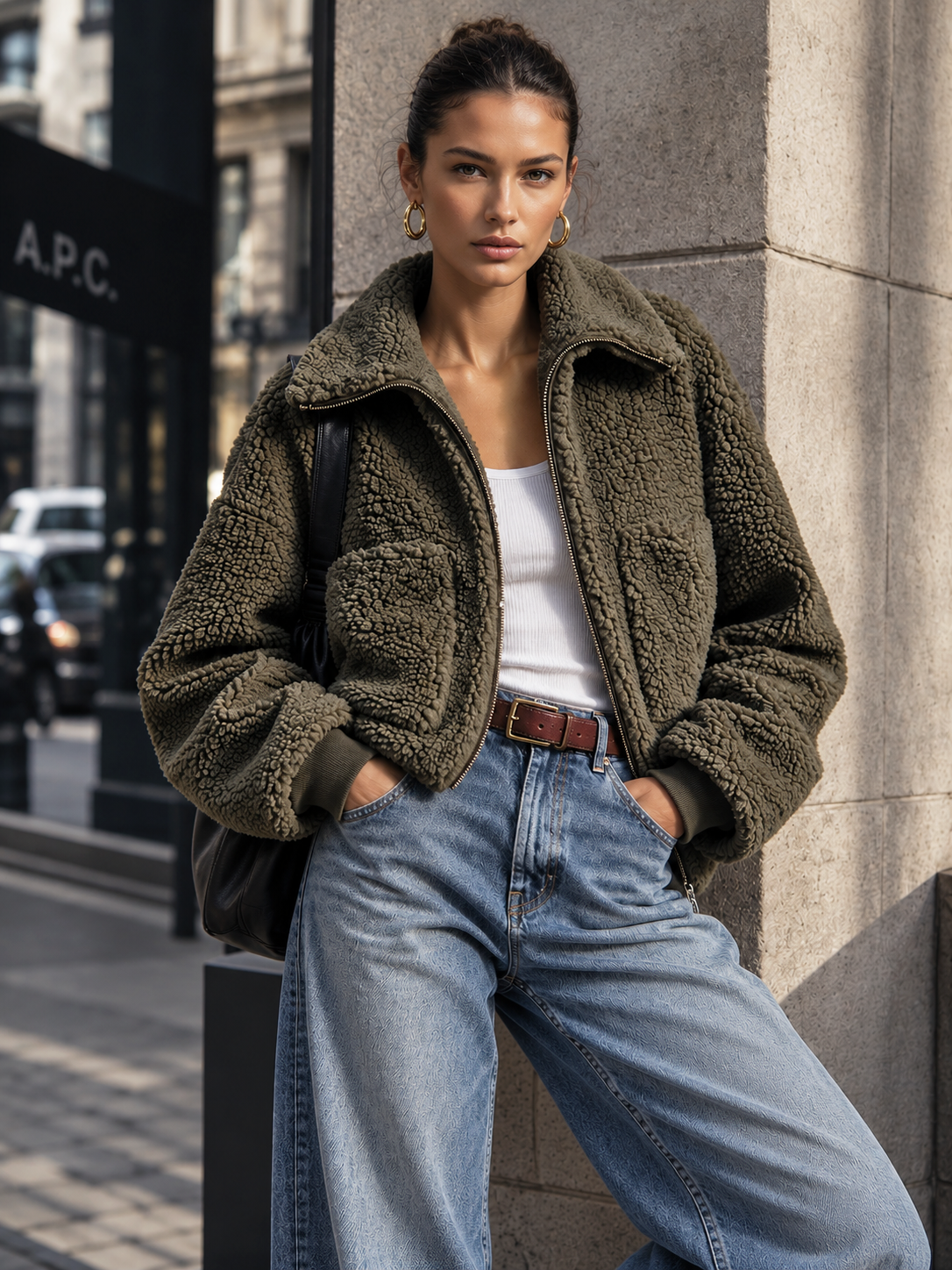 Casual-chic Green Collared Zip-up Cropped Fleece Jacket