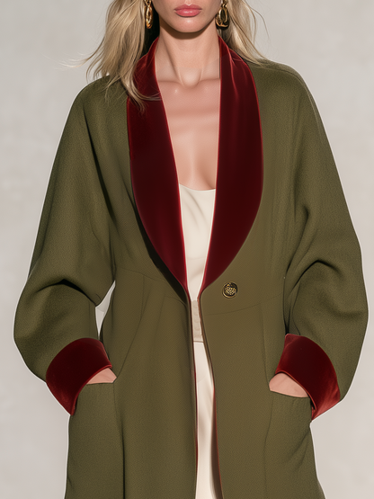 Retro Elegant Olive Tweed Long Coat With Burgundy Velvet Shawl Collar