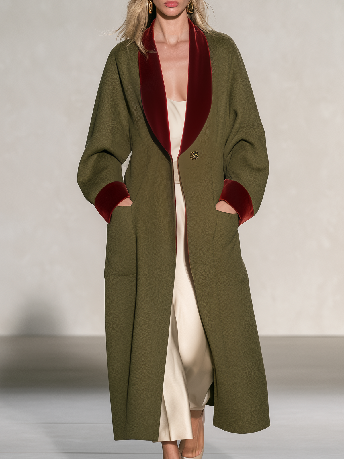Retro Elegant Olive Tweed Long Coat With Burgundy Velvet Shawl Collar