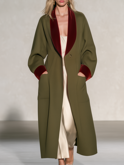 Retro Elegant Olive Tweed Long Coat With Burgundy Velvet Shawl Collar