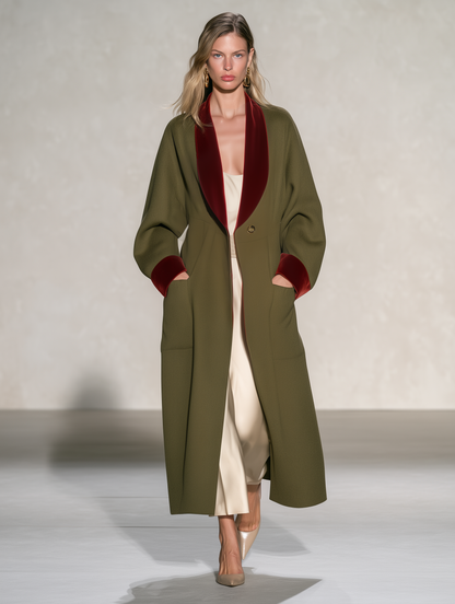 Retro Elegant Olive Tweed Long Coat With Burgundy Velvet Shawl Collar