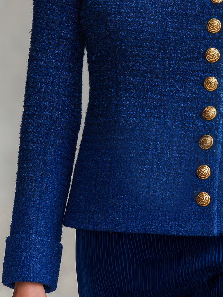 Retro Elegant Royal Blue Tweed Gold Button Stand Collar Tailored Jacket