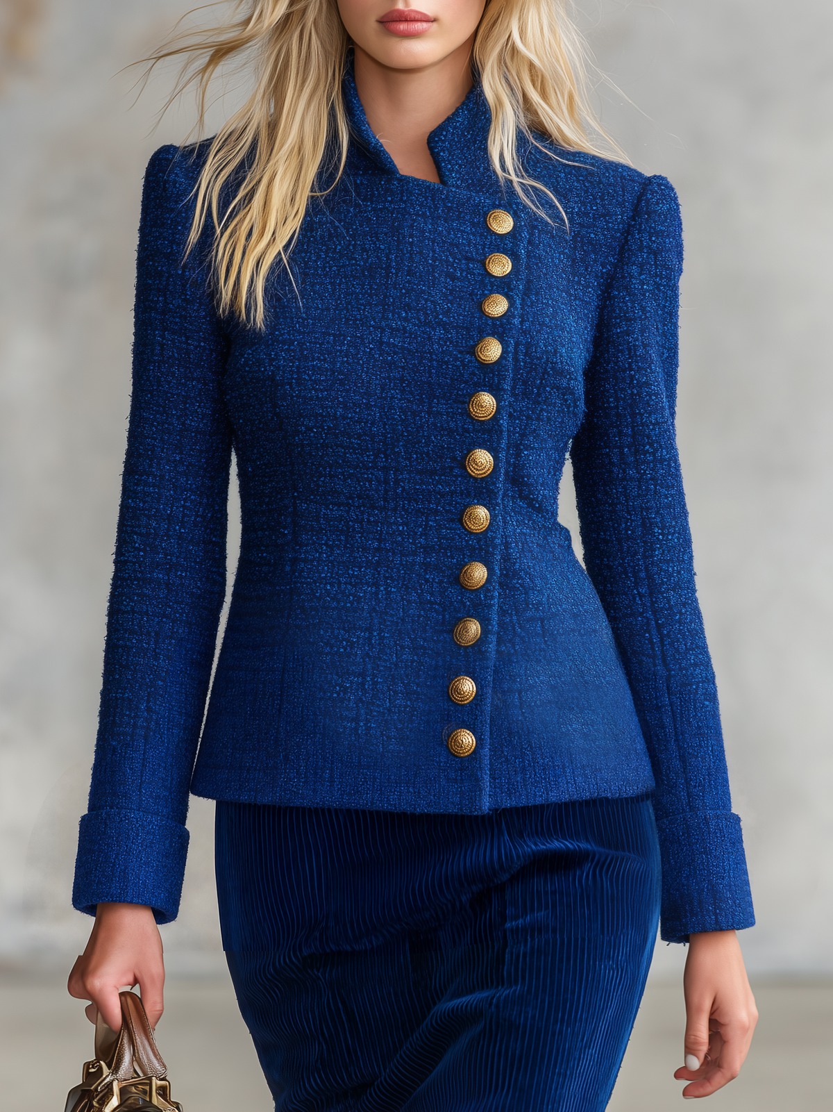 Retro Elegant Royal Blue Tweed Gold Button Stand Collar Tailored Jacket