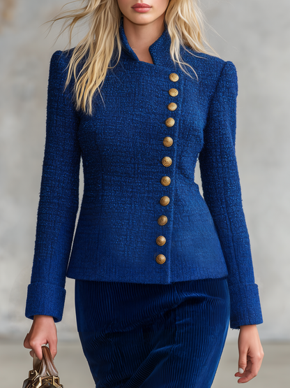 Retro Elegant Royal Blue Tweed Gold Button Stand Collar Tailored Jacket