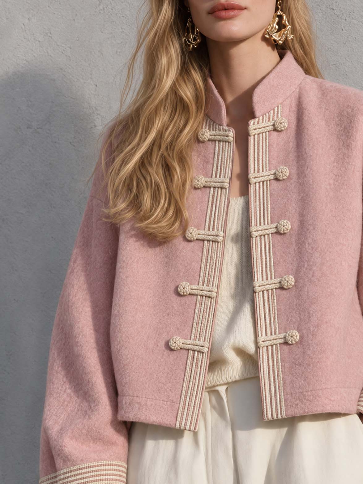 Vintage Pink Wool-Blend Mandarin Collar Frog Button Jacket Relaxed Cropped Coat Women