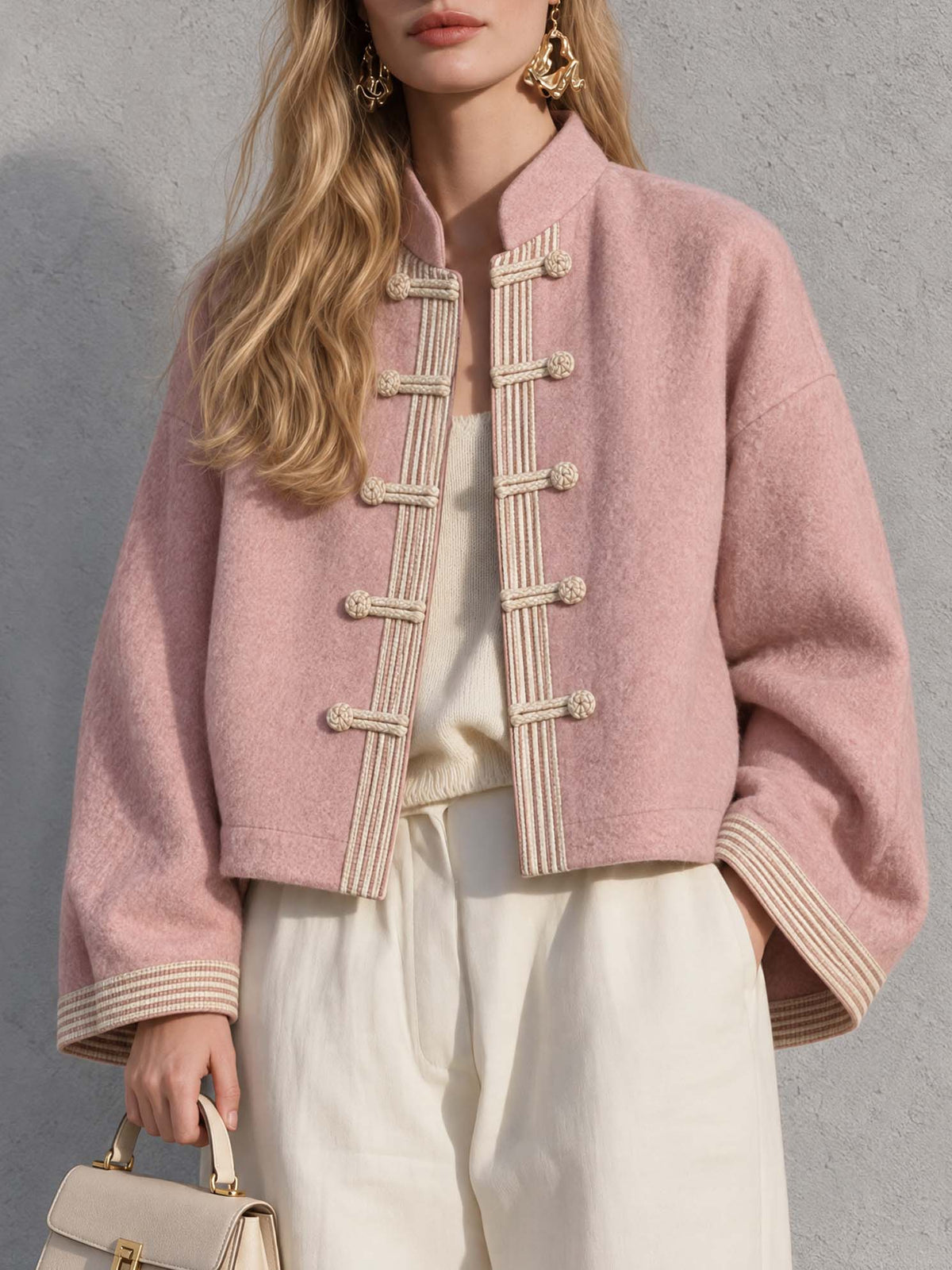 Vintage Pink Wool-Blend Mandarin Collar Frog Button Jacket Relaxed Cropped Coat Women