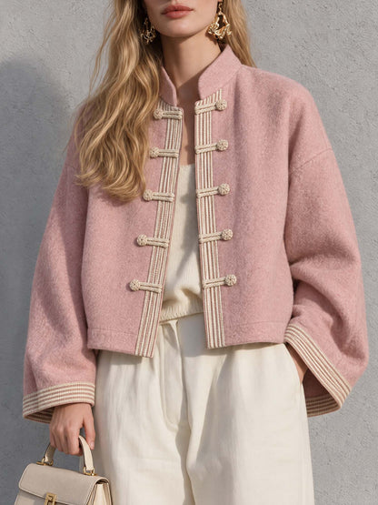 Vintage Pink Wool-Blend Mandarin Collar Frog Button Jacket Relaxed Cropped Coat Women