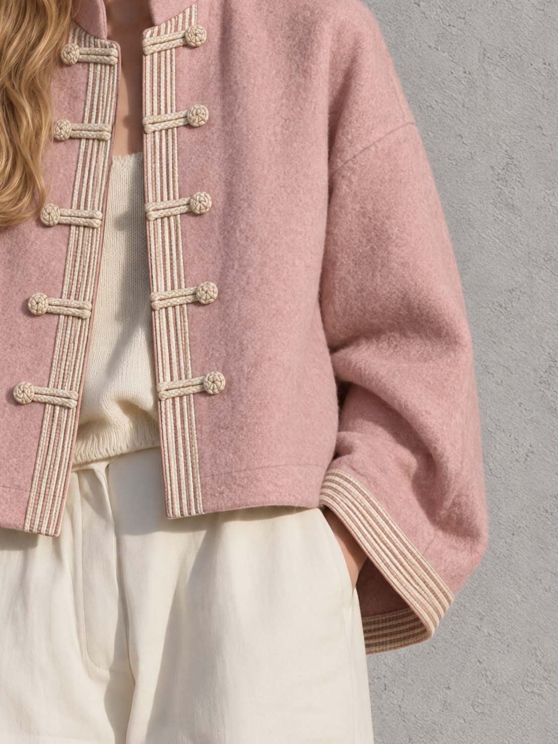 Vintage Pink Wool-Blend Mandarin Collar Frog Button Jacket Relaxed Cropped Coat Women