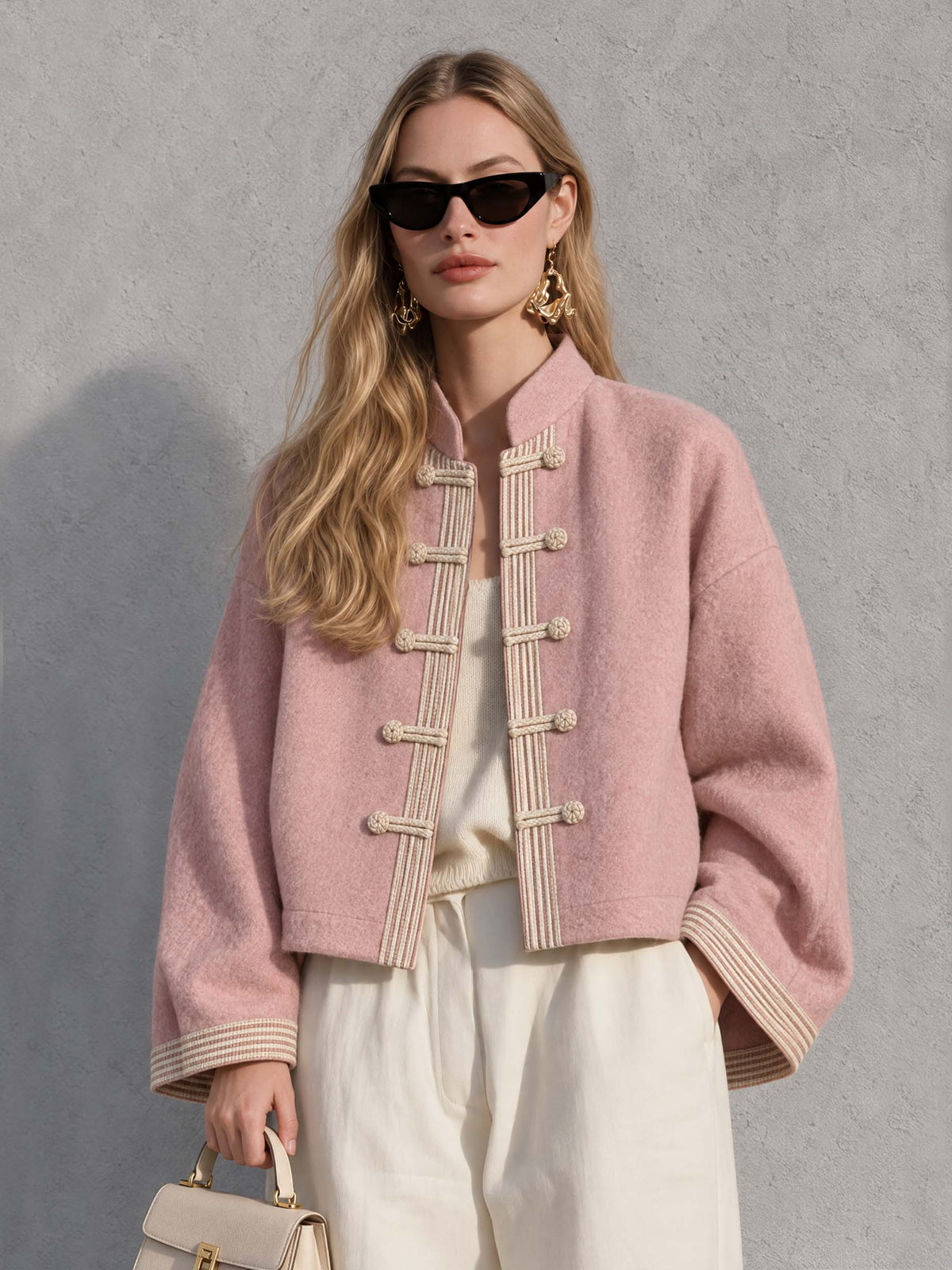 Vintage Pink Wool-Blend Mandarin Collar Frog Button Jacket Relaxed Cropped Coat Women