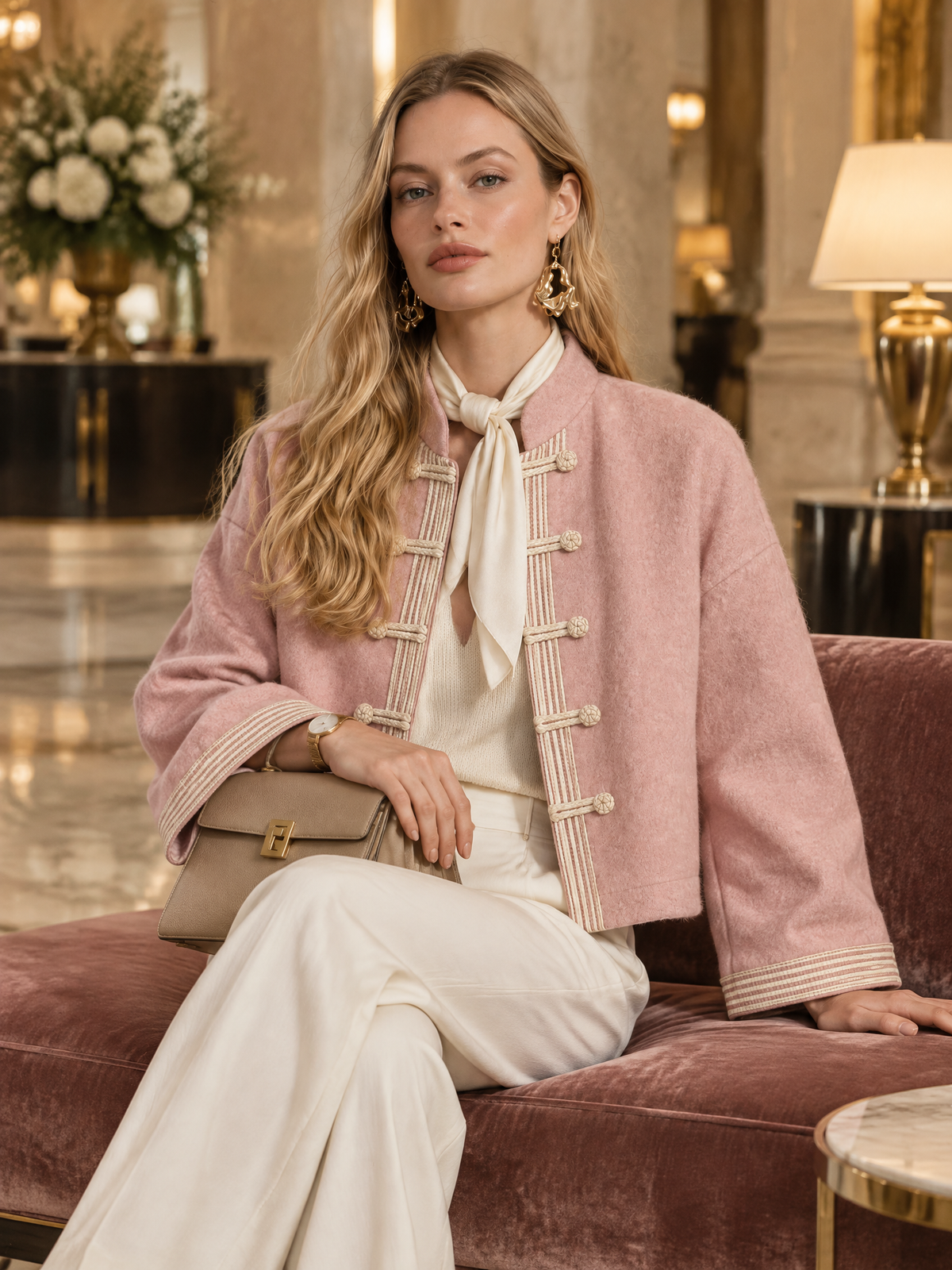 Vintage Pink Wool-Blend Mandarin Collar Frog Button Jacket Relaxed Cropped Coat Women