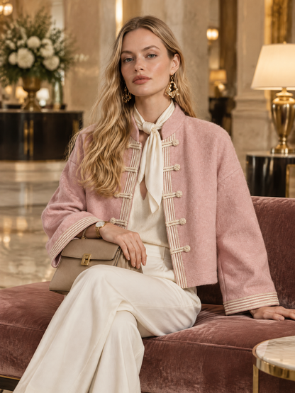 Vintage Pink Wool-Blend Mandarin Collar Frog Button Jacket Relaxed Cropped Coat Women