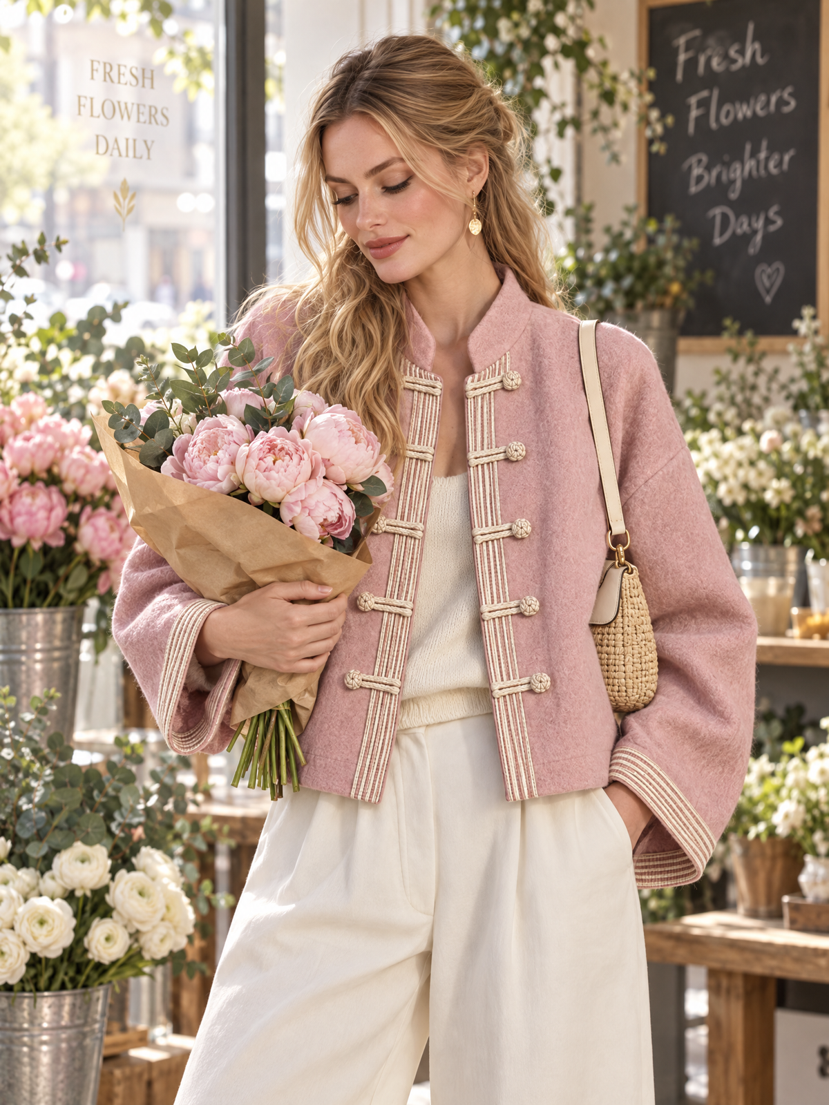 Vintage Pink Wool-Blend Mandarin Collar Frog Button Jacket Relaxed Cropped Coat Women
