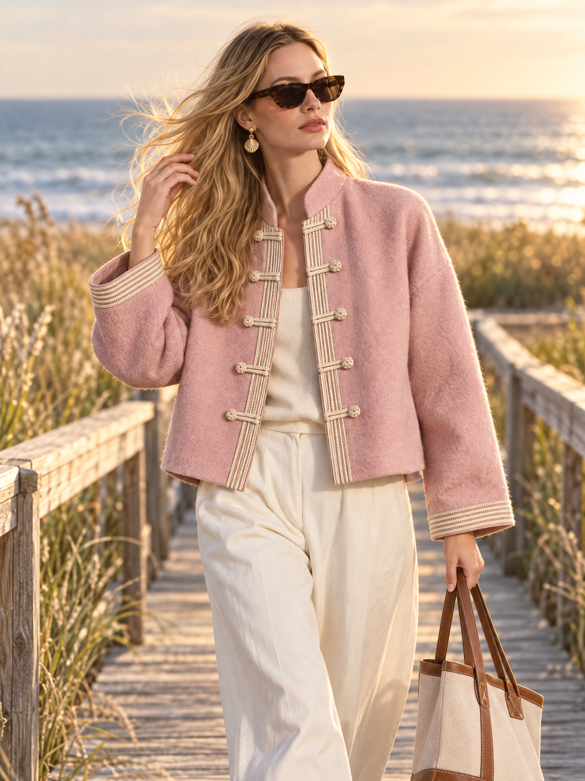 Vintage Pink Wool-Blend Mandarin Collar Frog Button Jacket Relaxed Cropped Coat Women