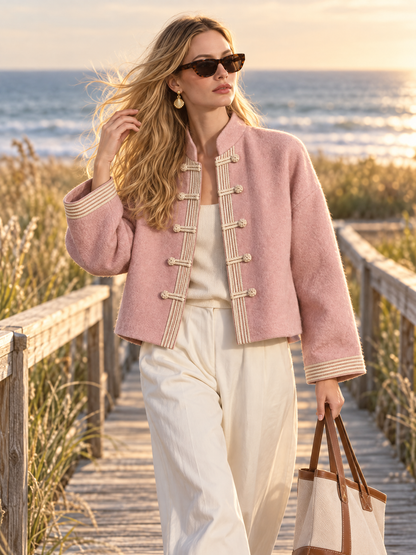 Vintage Pink Wool-Blend Mandarin Collar Frog Button Jacket Relaxed Cropped Coat Women