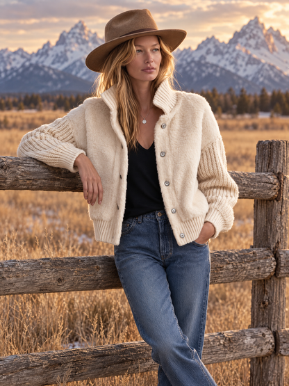 Retro Western Cream Faux Fur Paneled Ribbed Knit Stand Collar Jacket