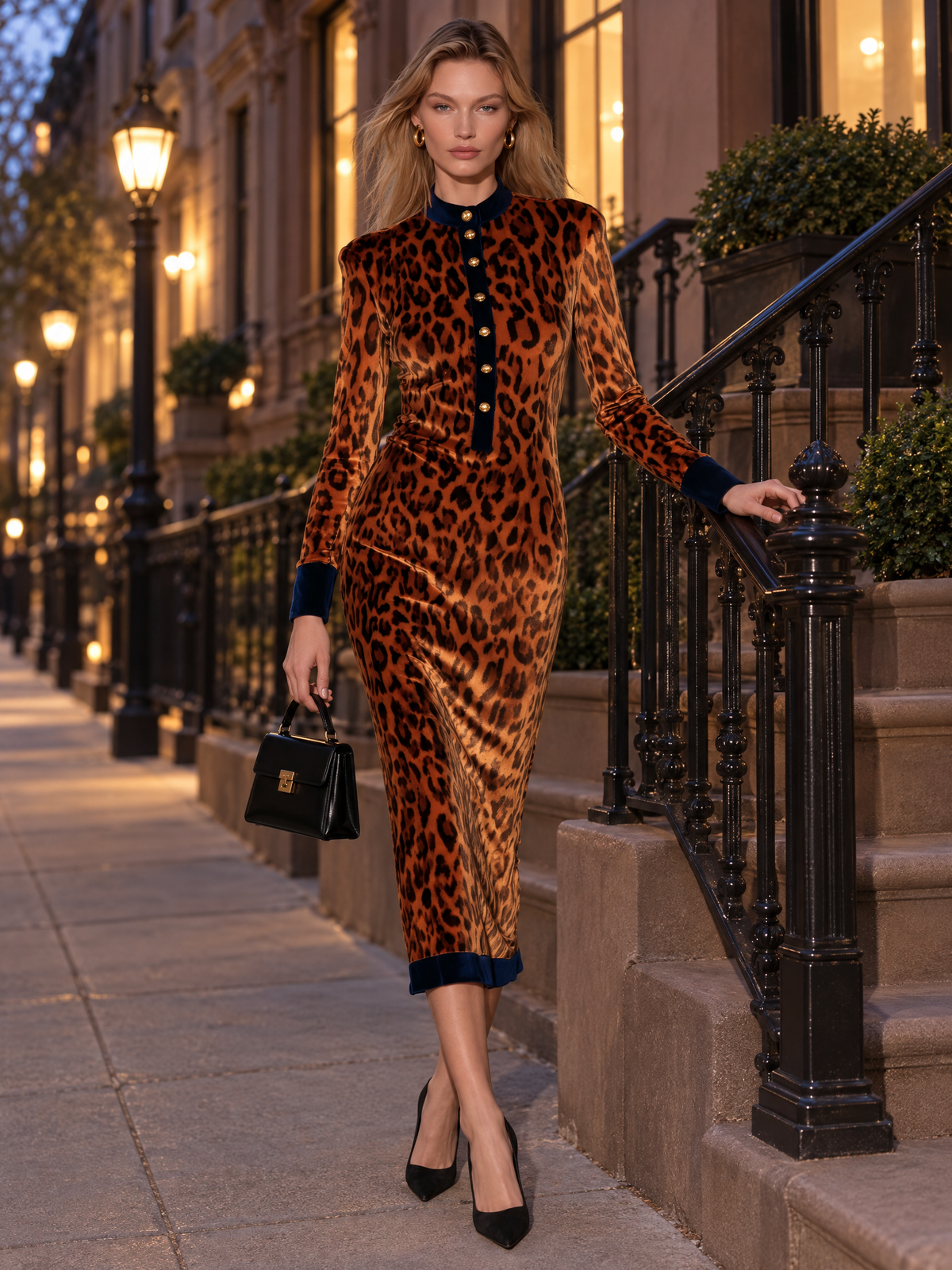 Retro Western Leopard Print Velvet Midi Dress With Gold Buttons Contrast Trim