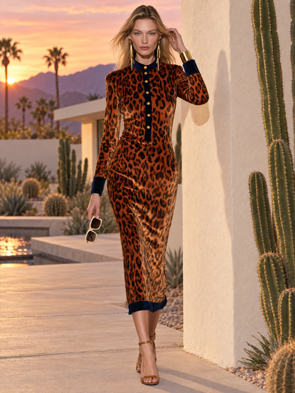 Retro Western Leopard Print Velvet Midi Dress With Gold Buttons Contrast Trim