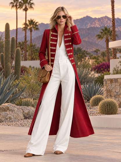 Vintage Western Red Denim Gold Button Stand Collar Maxi Duster Coat