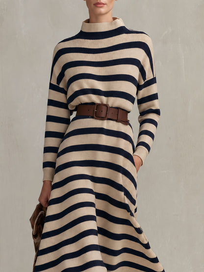 Retro Elegant Beige And Navy Striped Mock-Neck Belted Flared Knit Maxi Dress