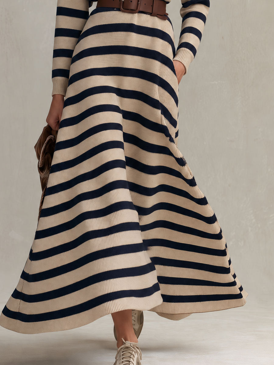 Retro Elegant Beige And Navy Striped Mock-Neck Belted Flared Knit Maxi Dress