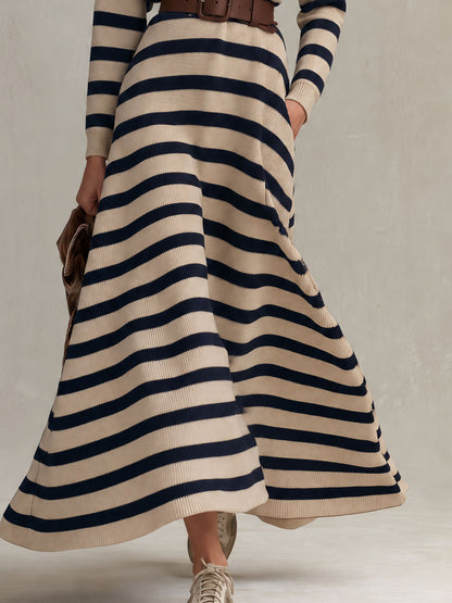 Retro Elegant Beige And Navy Striped Mock-Neck Belted Flared Knit Maxi Dress