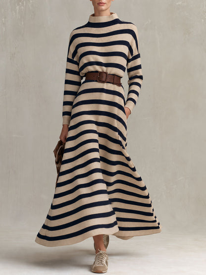 Retro Elegant Beige And Navy Striped Mock-Neck Belted Flared Knit Maxi Dress