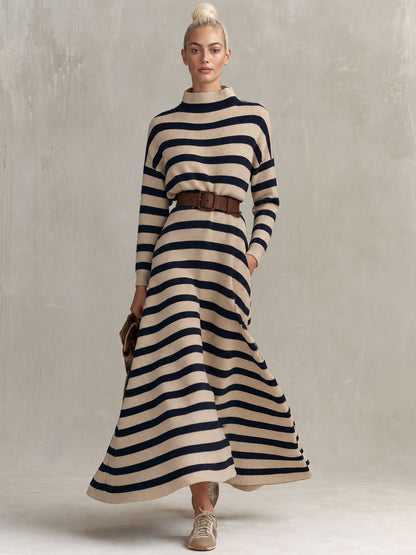 Retro Elegant Beige And Navy Striped Mock-Neck Belted Flared Knit Maxi Dress