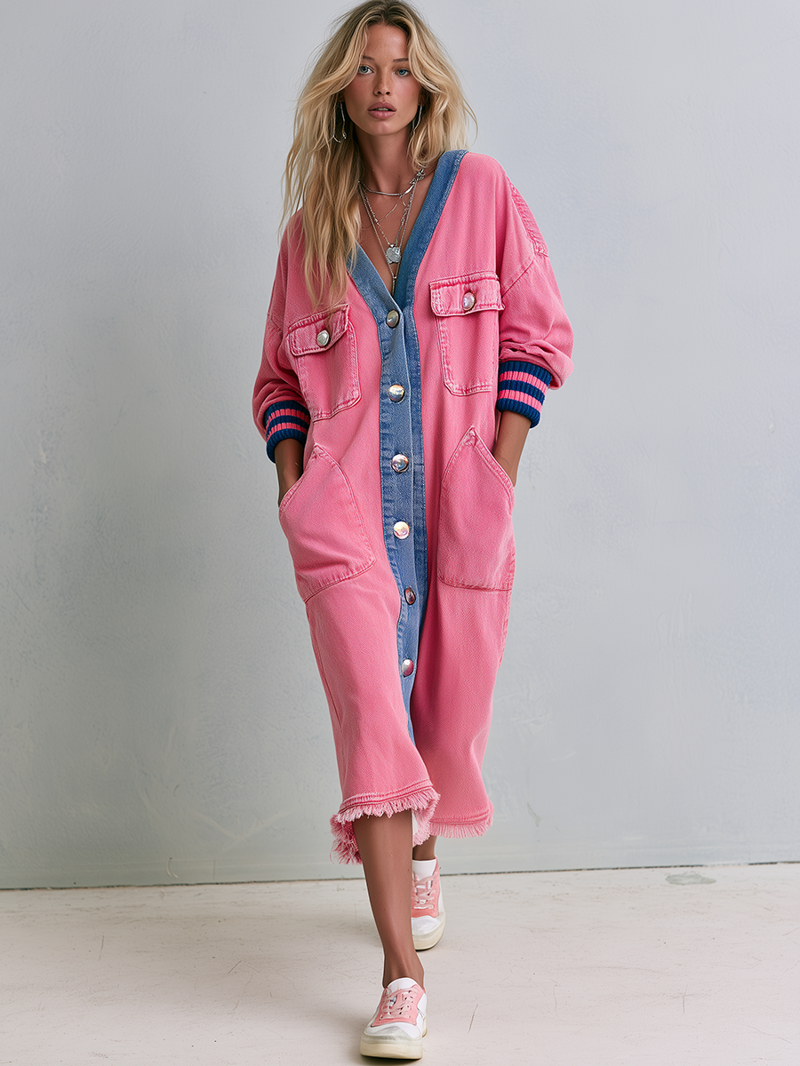 Pink Denim Duster Coat Contrast Placket Striped Cuffs Frayed Hem