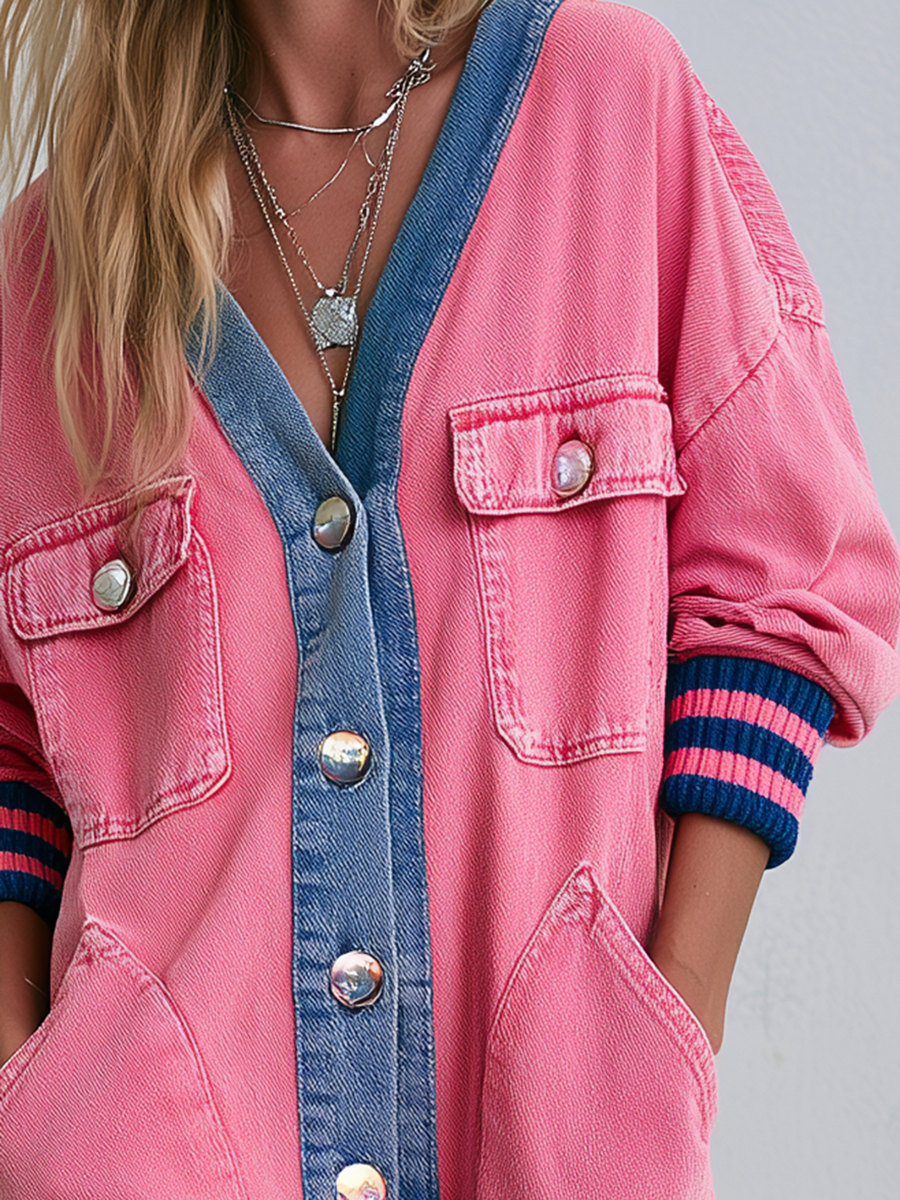 Pink Denim Duster Coat Contrast Placket Striped Cuffs Frayed Hem