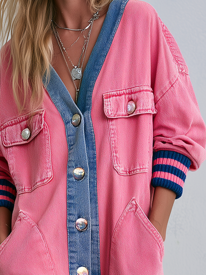 Pink Denim Duster Coat Contrast Placket Striped Cuffs Frayed Hem