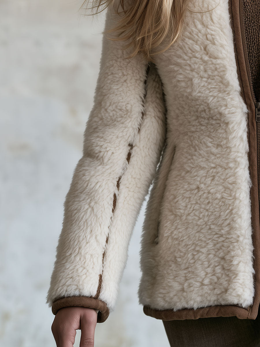 Retro Casual Cream-colored Faux Lamb&