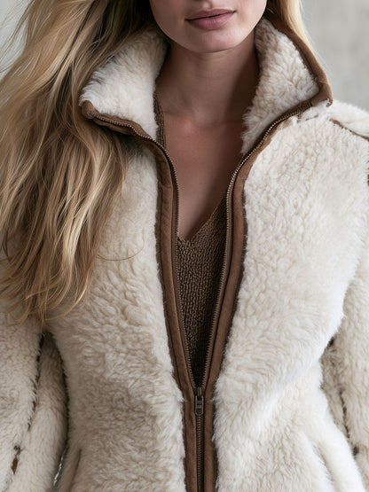 Retro Casual Cream-colored Faux Lamb&