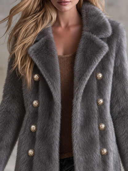 Retro Elegant Gray Faux Fur Notched Lapel Gold-Button Double-Breasted Coat