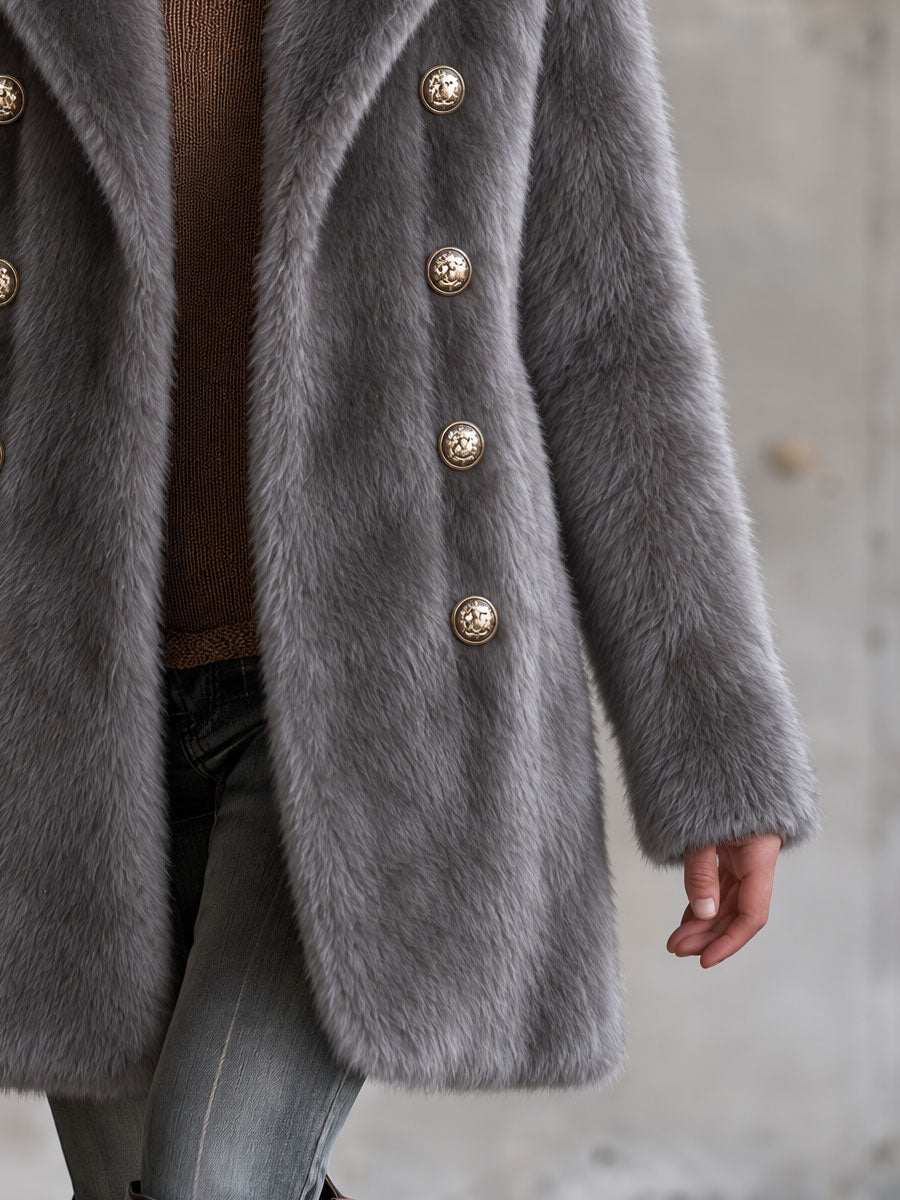 Retro Elegant Gray Faux Fur Notched Lapel Gold-Button Double-Breasted Coat