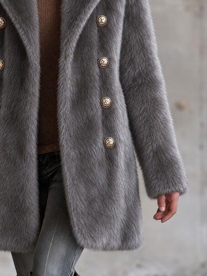Retro Elegant Gray Faux Fur Notched Lapel Gold-Button Double-Breasted Coat