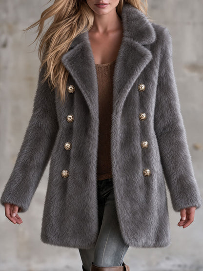 Retro Elegant Gray Faux Fur Notched Lapel Gold-Button Double-Breasted Coat