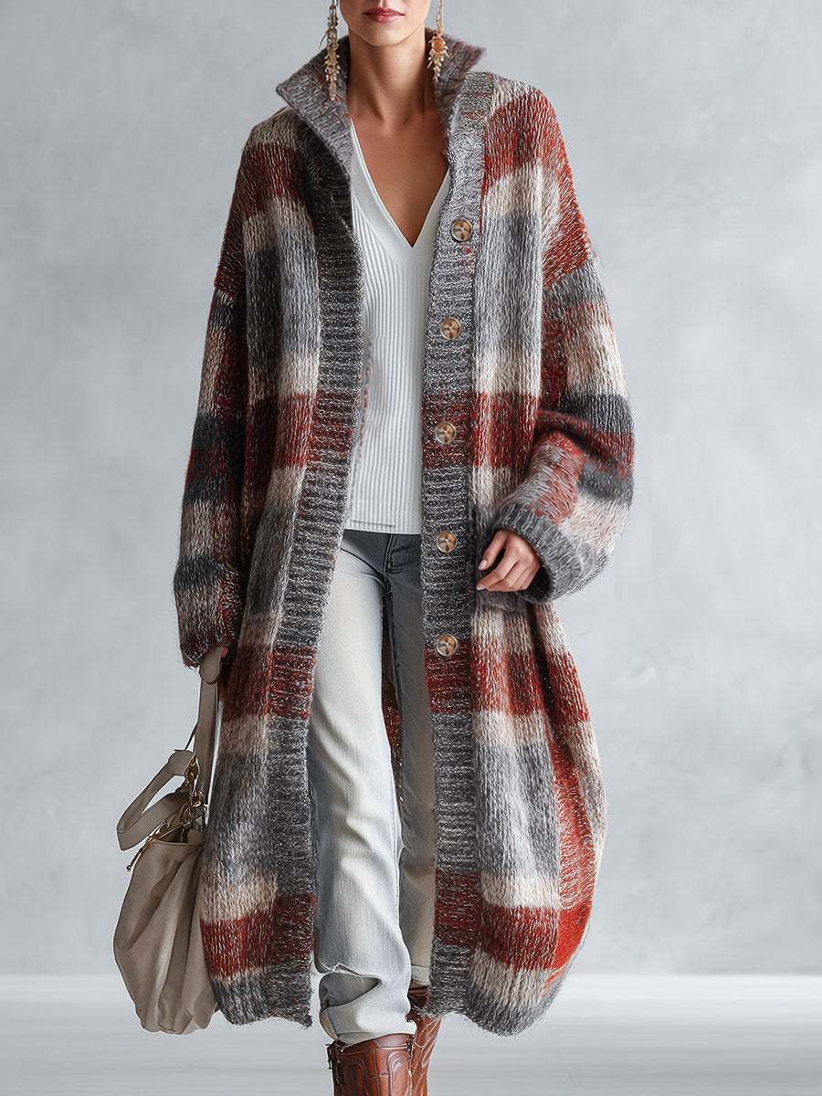 Retro Warm Plaid Knit Stand-Collar Long Cardigan