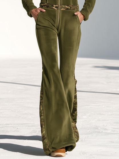 Fashionable And Casual Camouflage Zip-up Long-sleeved Flared Olive Green Fleece Jumpsuit