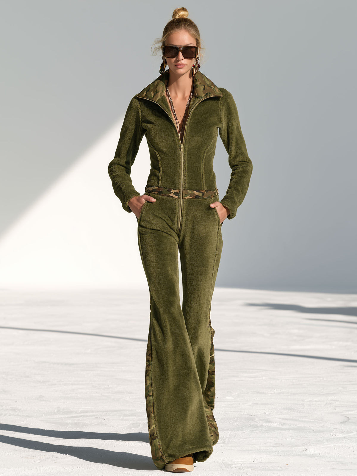 Fashionable And Casual Camouflage Zip-up Long-sleeved Flared Olive Green Fleece Jumpsuit