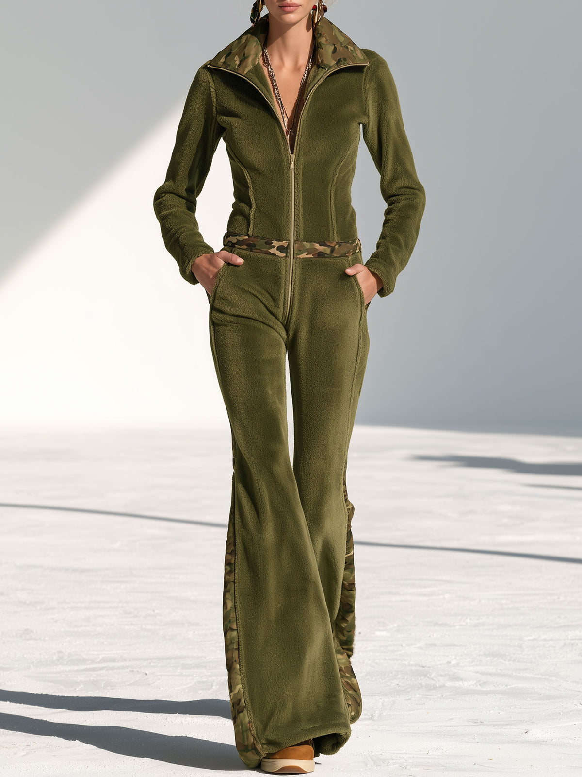 Fashionable And Casual Camouflage Zip-up Long-sleeved Flared Olive Green Fleece Jumpsuit