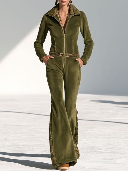 Fashionable And Casual Camouflage Zip-up Long-sleeved Flared Olive Green Fleece Jumpsuit