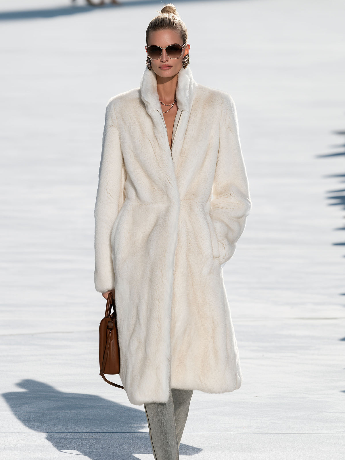 Stylish And Simple Zippered Off-white Faux Fur Mid-length Coat
