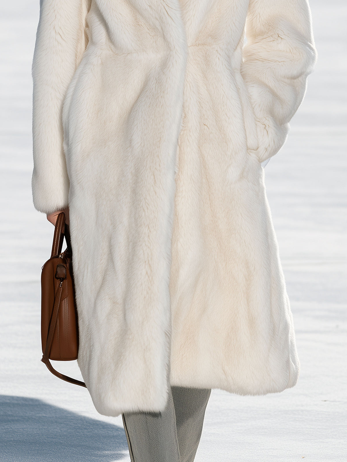 Stylish And Simple Zippered Off-white Faux Fur Mid-length Coat