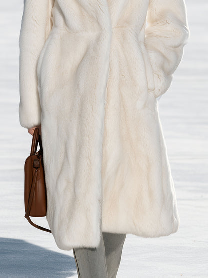 Stylish And Simple Zippered Off-white Faux Fur Mid-length Coat
