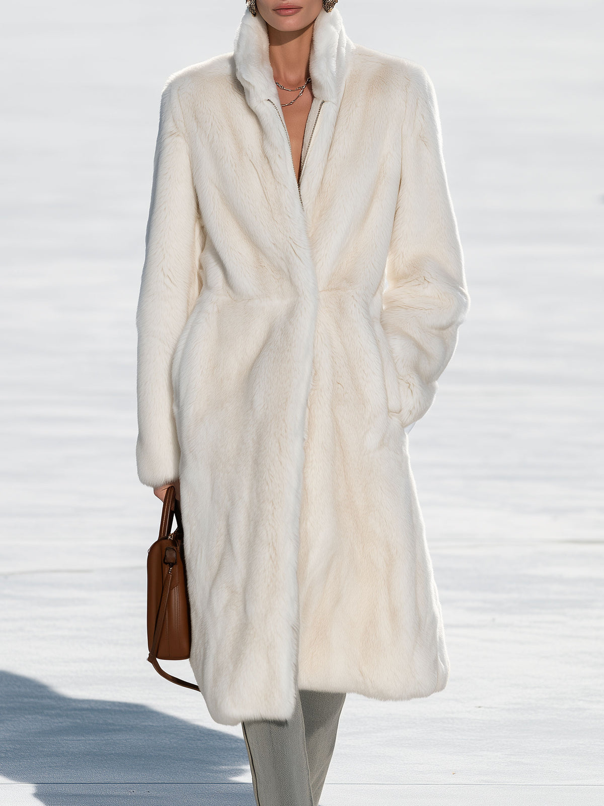 Stylish And Simple Zippered Off-white Faux Fur Mid-length Coat